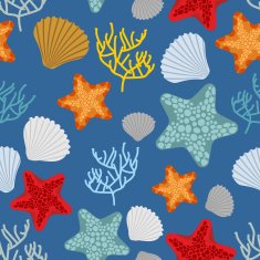 Marine seamless pattern Starfish scallop and corals Clam shel