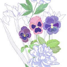 White seamless pattern with peonies and pansy