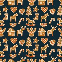 Seamless pattern with xmas tree candy cane angel deer stocking