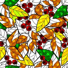 Seamless pattern wild berries branch leaves retro background