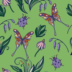 seamless pattern of colourful flowers and leaves with butterflie N2