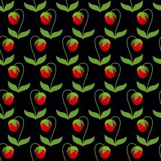 Red strawberries with green leaves on a black background Seamle