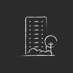 Residential building with trees icon drawn in chalk