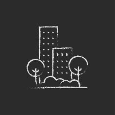 Residential building with trees icon drawn in chalk N2