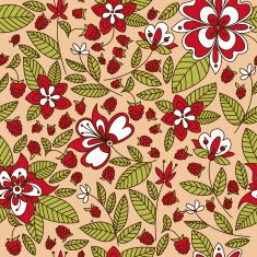 Raspberry fruits and flowers seamless pattern