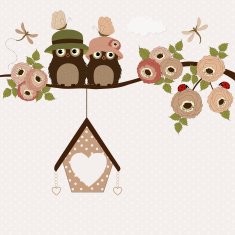 Cute owls on a branch with roses