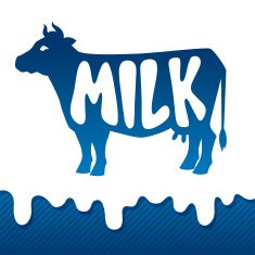 Cow silhouette emblem design on drips of milk background