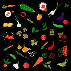 Flat vegetables icons with herbs and olives