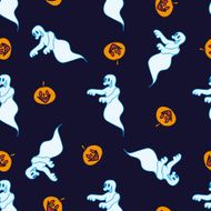 Halloween vector seamless pattern with ghost and pumpkin