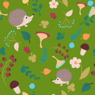 Vector forest design floral seamless pattern with hedgehog