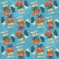 Stack of vintages suitcases ship airplane Seamless background pattern
