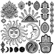 Sun moon and ornaments vintage vector set