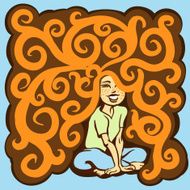 Curly redheaded girl is sitting cross-legged