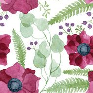Vector watercolor floral seamless pattern with burgundy red anemone flowers