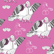 Seamless pattern of white kissing doves on pink background