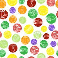 Seamless pattern with vegetables in colored circles on a white