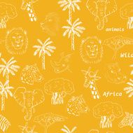 Seamless pattern with wild animals of Africa in orange background N2