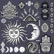 Sun moon and ornaments vintage vector set N2