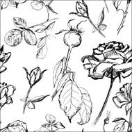 Hand drawn seamless pattern of roses buds and leafs