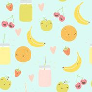 Seamless pattern with smoothie jars and funny smiling fruits