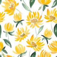 Yellow Watercolor Flowers and leaf seamless summer pattern