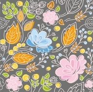 Seamless pattern pink blue flowers orange leaves gray background