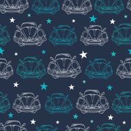 Vector Dark Blue Vintage Cars Stars Drawing Seamless Pattern Lineart