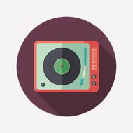 Vintage turntable flat round icon with long shadows N2