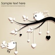 Two white birds on a branch with hearts gray background