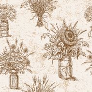 Pattern with bouquets of flowers cereals and dried herbs