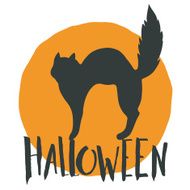 Happy halloween emblem with a black cat and hand lettering
