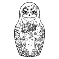 Vector Tattoo Skull Doll Matreshka Black and White Illustration