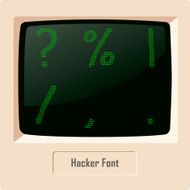 Hacker ASCII character font set on computer display Vector image