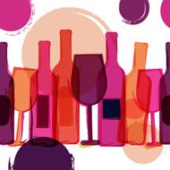 Abstract seamless vector background Wine bottles glasses and watercolor blots