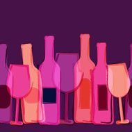 Abstract vector watercolor seamless background Red wine bottles and glasses