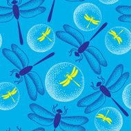 Seamless pattern with dragonflies in blue and dotted round