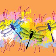 Seamless pattern with dotted dragonflies on the colorful blots background
