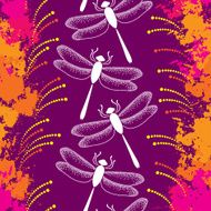 Seamless pattern with dotted dragonflies in white and blots