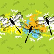 Seamless pattern with dotted dragonflies in black and colorful blots