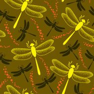 Seamless pattern with dotted dragonflies in yellow and orange drops