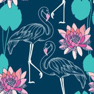 Seamless pattern with dotted flamingo and pink water lilies