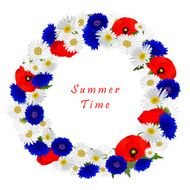 Vector white background with chamomile cornflowers and poppies