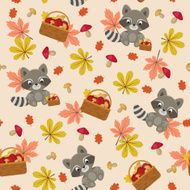 Raccoon with autumn leaves and mushrooms seamless pattern