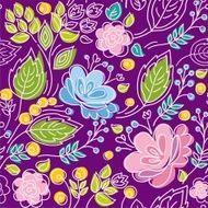 Seamless violet pattern blue pink flowers green leaves white outline