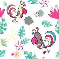 seamless pattern with parrots and tropical plants