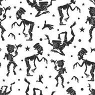 Vector Black and White Dancing Zombies Seamless Pattern Waving Zombie