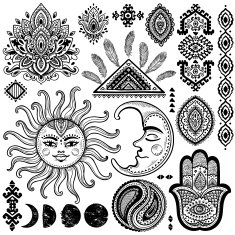Sun moon and ornaments vintage vector set