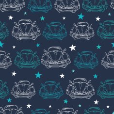 Vector Dark Blue Vintage Cars Stars Drawing Seamless Pattern Lineart