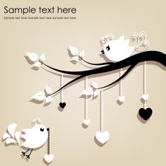 Two white birds on a branch with hearts gray background