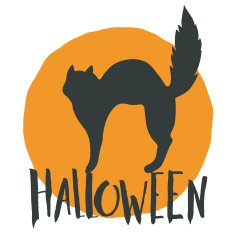 Happy halloween emblem with a black cat and hand lettering